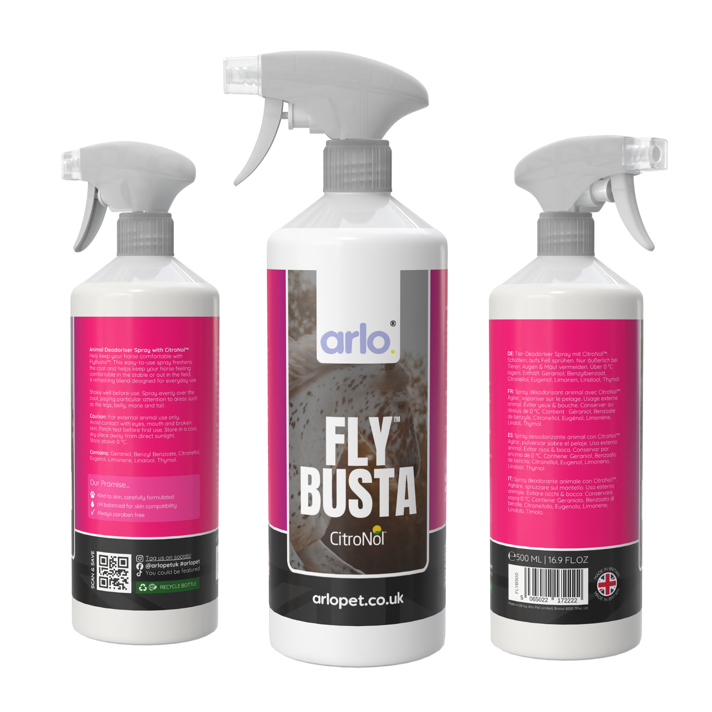 Multiple angle view of FlyBusta™ horse fly spray 500ml bottle showing front side and rear label packaging by arlo.®