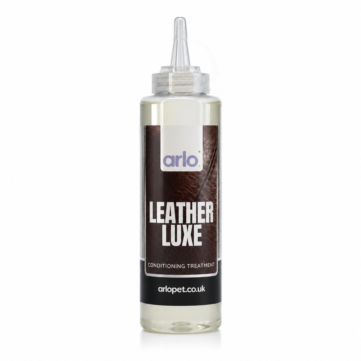 A clear plastic squeeze bottle of Arlo Leather Luxe Conditioning Treatment with a pointed applicator cap, shown on a white background.