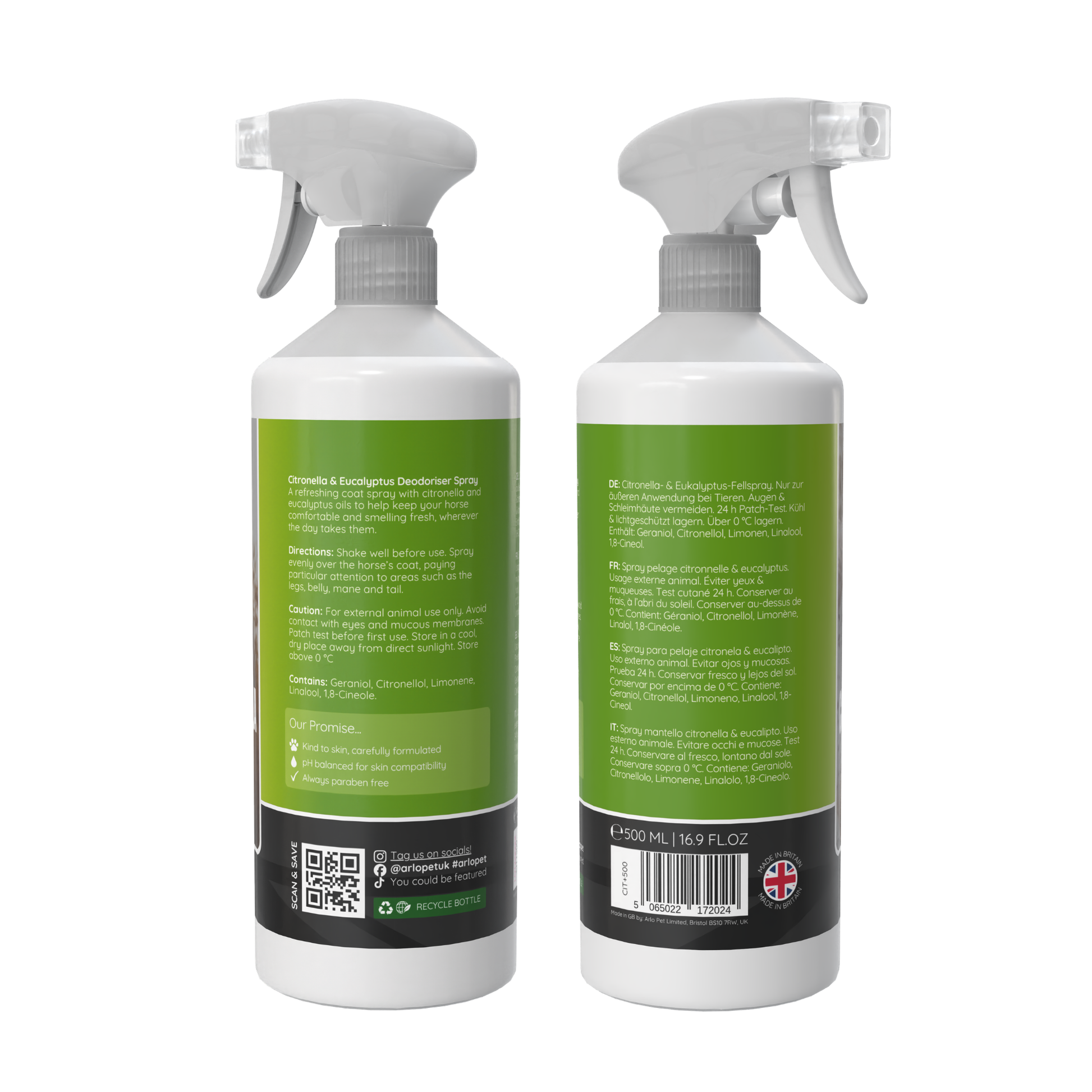 Multiple angle view of Citronella+ citronella horse spray 500ml bottle showing front side and rear label packaging by arlo.®